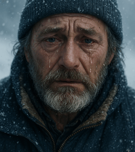 Retrato realista de um pescador idoso com gorro de lã, lágrimas escorrendo por sulcos profundos no rosto marcado pelo tempo e pela neve