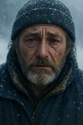 Retrato realista de um pescador idoso com gorro de lã, lágrimas escorrendo por sulcos profundos no rosto marcado pelo tempo e pela neve