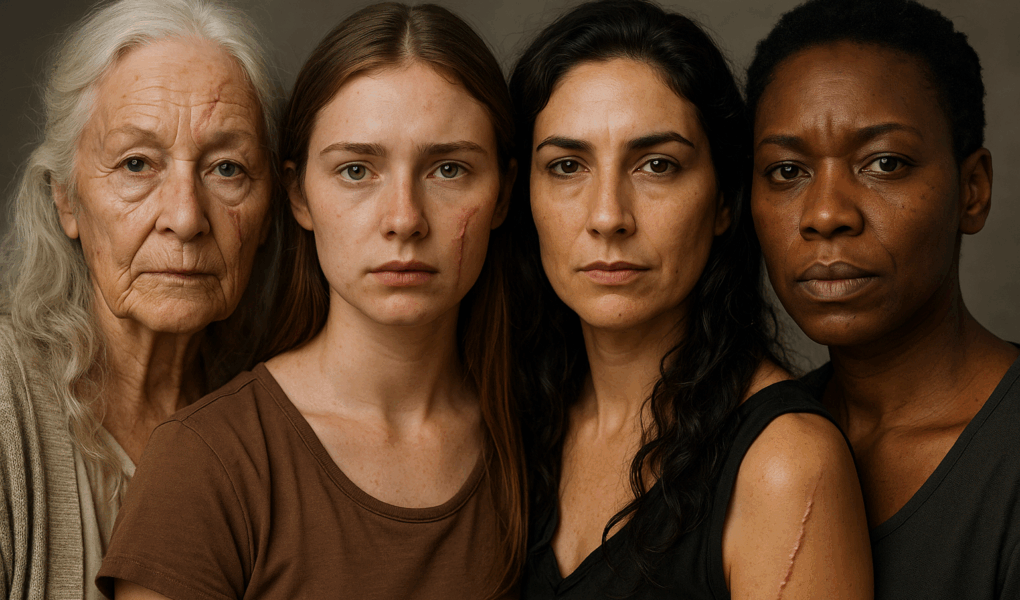 Quatro mulheres — anciã, donzela, feiticeira e mulher — com cicatrizes visíveis no rosto e no corpo, lado a lado em expressão de força e irmandade