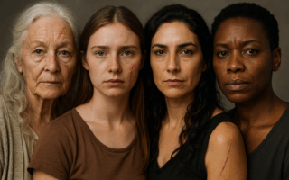 Quatro mulheres — anciã, donzela, feiticeira e mulher — com cicatrizes visíveis no rosto e no corpo, lado a lado em expressão de força e irmandade