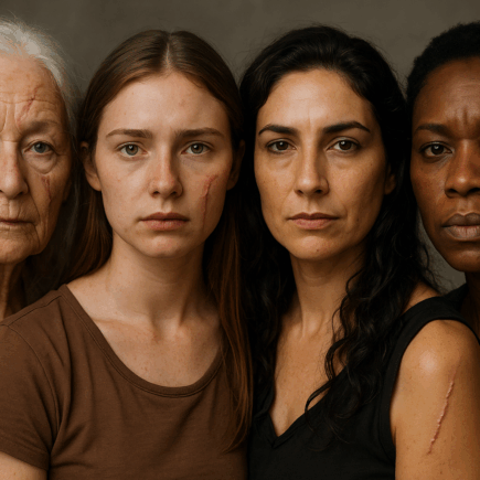 Quatro mulheres — anciã, donzela, feiticeira e mulher — com cicatrizes visíveis no rosto e no corpo, lado a lado em expressão de força e irmandade