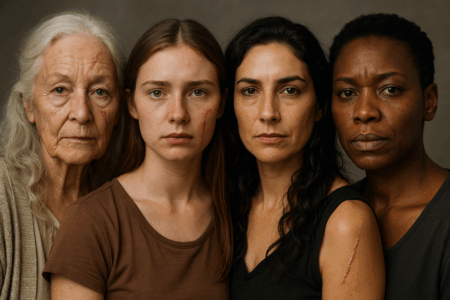 Quatro mulheres — anciã, donzela, feiticeira e mulher — com cicatrizes visíveis no rosto e no corpo, lado a lado em expressão de força e irmandade