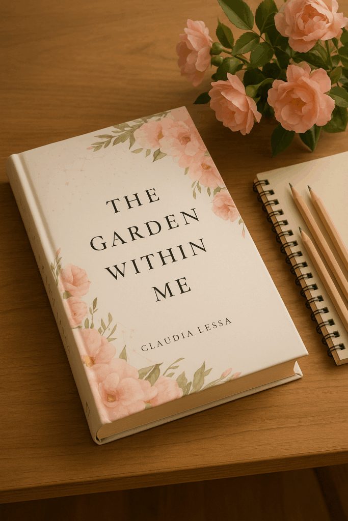 Livro delicado sobre a mesa, com rosas, lápis e caderno de anotações