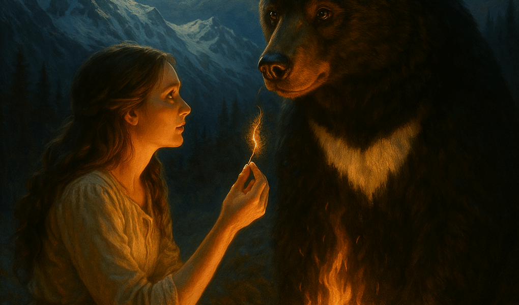 Mulher iluminada pelo fogo diante do urso da meia-lua em uma montanha sob a lua cheia, segurando um pelo branco como símbolo da sabedoria da raiva e do perdão