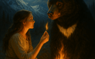 Mulher iluminada pelo fogo diante do urso da meia-lua em uma montanha sob a lua cheia, segurando um pelo branco como símbolo da sabedoria da raiva e do perdão