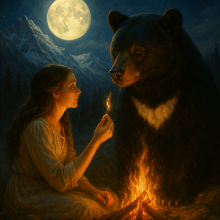 Mulher iluminada pelo fogo diante do urso da meia-lua em uma montanha sob a lua cheia, segurando um pelo branco como símbolo da sabedoria da raiva e do perdão
