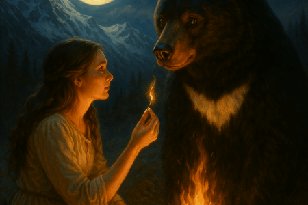 Mulher iluminada pelo fogo diante do urso da meia-lua em uma montanha sob a lua cheia, segurando um pelo branco como símbolo da sabedoria da raiva e do perdão