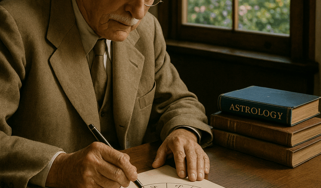 Carl Gustav Jung estudando em sua mesa, com livros abertos e uma mandala astrológica desenhada em folha de papel, ao fundo uma janela mostra árvores, flores e céu claro.