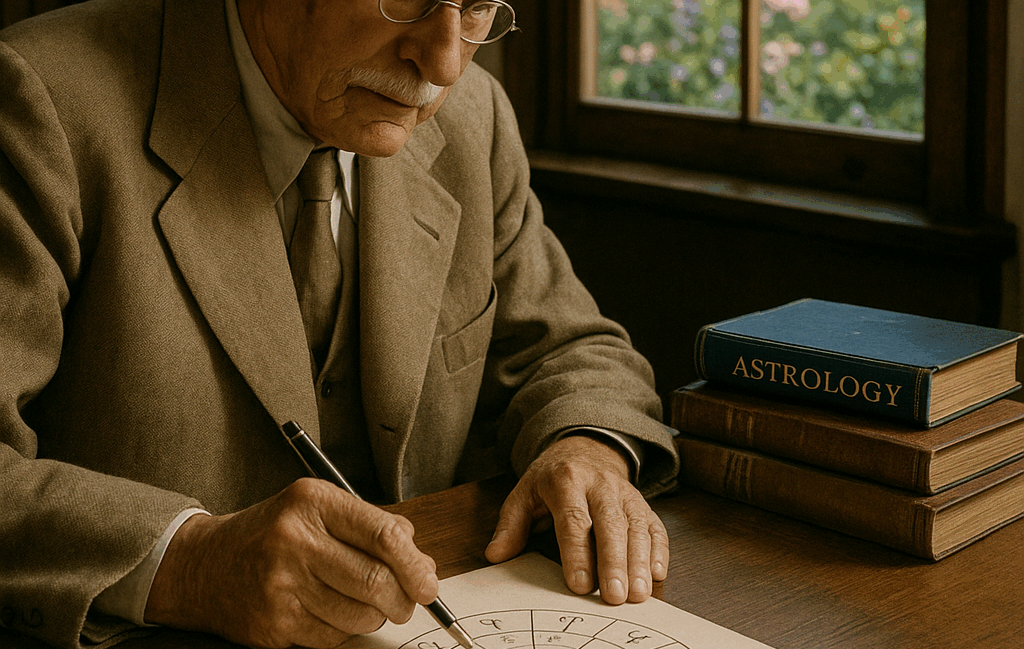 Carl Gustav Jung estudando em sua mesa, com livros abertos e uma mandala astrológica desenhada em folha de papel, ao fundo uma janela mostra árvores, flores e céu claro.