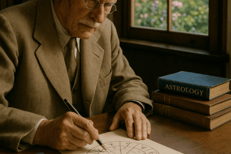 Carl Gustav Jung estudando em sua mesa, com livros abertos e uma mandala astrológica desenhada em folha de papel, ao fundo uma janela mostra árvores, flores e céu claro.