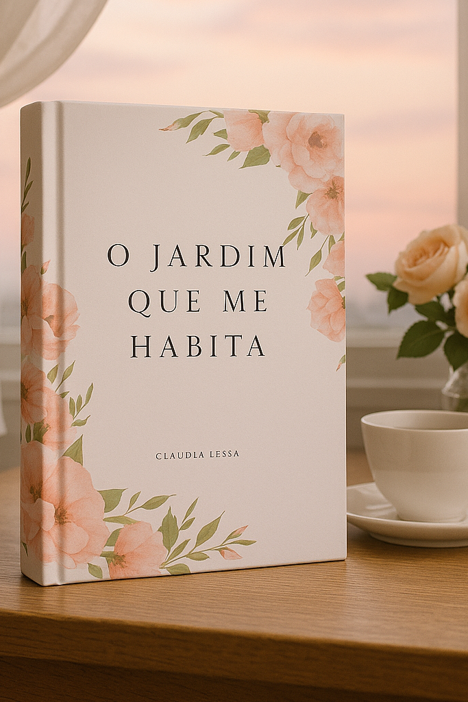 Imagem realista do livro “O Jardim Que Me Habita”, de Claudia Lessa, sobre uma mesa de madeira com uma xícara de chá e flores rosa, com cortinas esvoaçantes e o céu ao entardecer ao fundo.