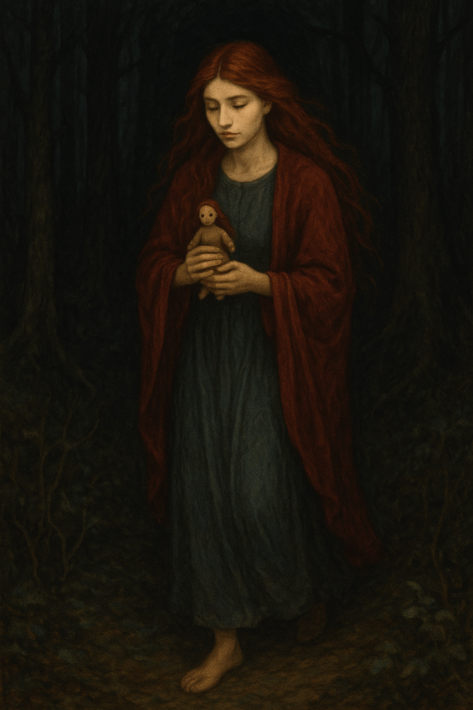 Vasalisa caminhando pela floresta escura com sua boneca nas mãos, símbolo da intuição feminina e do despertar da coragem