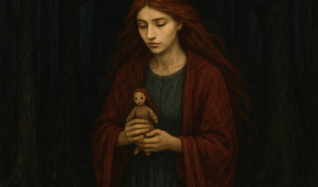 Vasalisa caminhando pela floresta escura com sua boneca nas mãos, símbolo da intuição feminina e do despertar da coragem