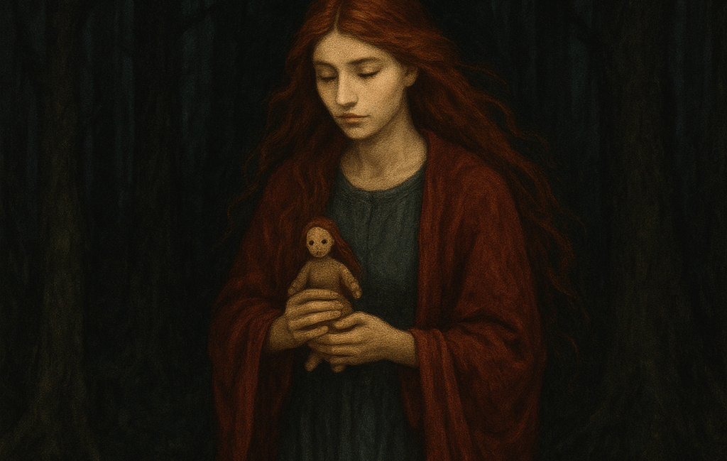 Vasalisa caminhando pela floresta escura com sua boneca nas mãos, símbolo da intuição feminina e do despertar da coragem