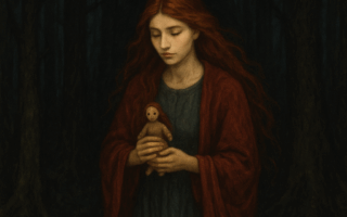 Vasalisa caminhando pela floresta escura com sua boneca nas mãos, símbolo da intuição feminina e do despertar da coragem