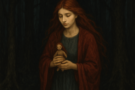 Vasalisa caminhando pela floresta escura com sua boneca nas mãos, símbolo da intuição feminina e do despertar da coragem